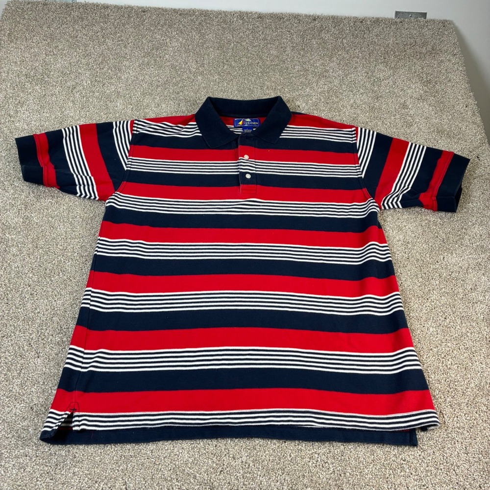 Ivy Crew Mens‎ Striped Polo Shirt Size L Red Navy White Short Sleeve Cotton